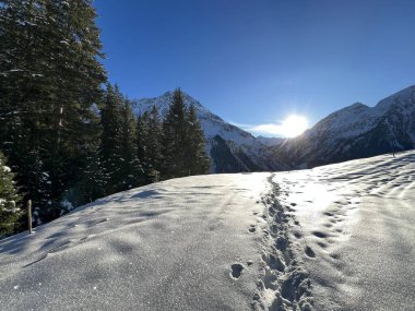 İsviçre Alpleri 'nin taze dağlık kar örtüsünde ve İsviçre' nin Grisonlar Kantonu (Kanton Graubuenden, Schweiz)