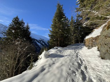 İsviçre Alpleri 'nin taze dağlık kar örtüsünde ve İsviçre' nin Grisonlar Kantonu (Kanton Graubuenden, Schweiz)