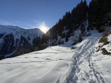 İsviçre Alpleri 'nin taze dağlık kar örtüsünde ve İsviçre' nin Grisonlar Kantonu (Kanton Graubuenden, Schweiz)