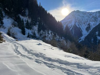 İsviçre Alpleri 'nin taze dağlık kar örtüsünde ve İsviçre' nin Grisonlar Kantonu (Kanton Graubuenden, Schweiz)