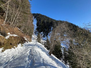 İsviçre Alpleri 'nin taze dağlık kar örtüsünde ve İsviçre' nin Grisonlar Kantonu (Kanton Graubuenden, Schweiz)