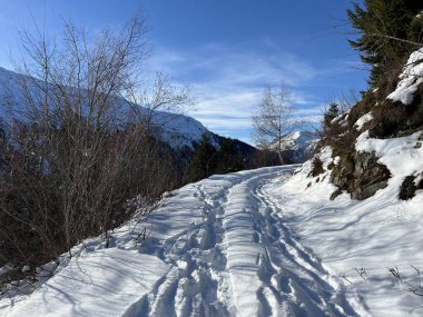 İsviçre Alpleri 'nin taze dağlık kar örtüsünde ve İsviçre' nin Grisonlar Kantonu (Kanton Graubuenden, Schweiz)