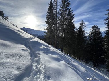 İsviçre Alpleri 'nin taze dağlık kar örtüsünde ve İsviçre' nin Grisonlar Kantonu (Kanton Graubuenden, Schweiz)