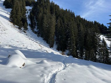 İsviçre Alpleri 'nin taze dağlık kar örtüsünde ve İsviçre' nin Grisonlar Kantonu (Kanton Graubuenden, Schweiz)