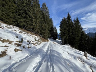 İsviçre Alpleri 'nin taze dağlık kar örtüsünde ve İsviçre' nin Grisonlar Kantonu (Kanton Graubuenden, Schweiz)
