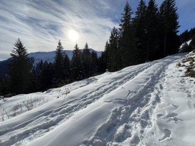 İsviçre Alpleri 'nin taze dağlık kar örtüsünde ve İsviçre' nin Grisonlar Kantonu (Kanton Graubuenden, Schweiz)