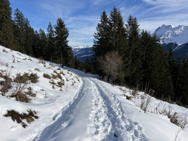 İsviçre Alpleri 'nin taze dağlık kar örtüsünde ve İsviçre' nin Grisonlar Kantonu (Kanton Graubuenden, Schweiz)