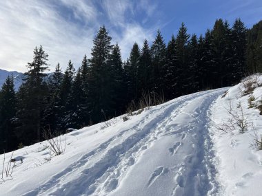 İsviçre Alpleri 'nin taze dağlık kar örtüsünde ve İsviçre' nin Grisonlar Kantonu (Kanton Graubuenden, Schweiz)