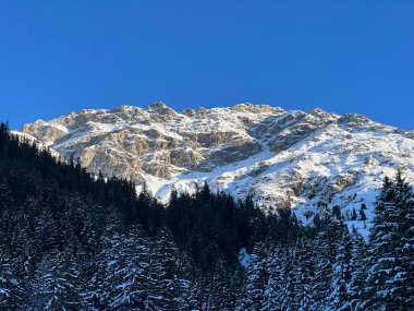 İsviçre 'nin Arosa Kantonu (Kanton Graubuenden, Schweiz) üzerinde güneşli ve karla kaplı güzel alp zirveleri.)