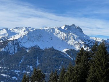 İsviçre 'nin Arosa Kantonu (Kanton Graubuenden, Schweiz) üzerinde güneşli ve karla kaplı güzel alp zirveleri.)