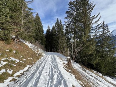 İsviçre Alpleri 'nin taze dağlık kar örtüsünde ve İsviçre' nin Grisonlar Kantonu (Kanton Graubuenden, Schweiz)