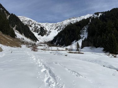 İsviçre Alpleri 'nin taze dağlık kar örtüsünde ve İsviçre' nin Grisonlar Kantonu (Kanton Graubuenden, Schweiz)