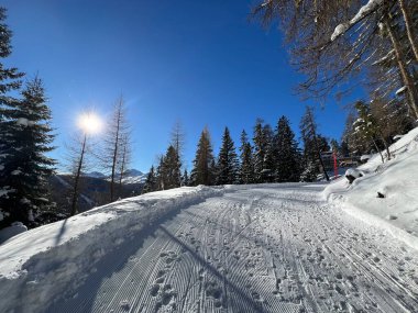 İsviçre 'nin Grisons Kantonu (Kanton Graubuenden, Schweiz) adlı İsviçre Alpleri' ndeki Davos tatil beldesinde yürüyüş, yürüyüş, yürüyüş, spor ve dinlenme için mükemmel düzenlenmiş kış patikaları.)