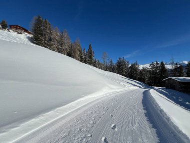İsviçre 'nin Grisons Kantonu (Kanton Graubuenden, Schweiz) adlı İsviçre Alpleri' ndeki Davos tatil beldesinde yürüyüş, yürüyüş, yürüyüş, spor ve dinlenme için mükemmel düzenlenmiş kış patikaları.)