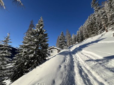 İsviçre Alpleri 'nin taze dağlık kar örtüsünde ve İsviçre' nin Grisonlar Kantonu (Kanton Graubuenden, Schweiz)