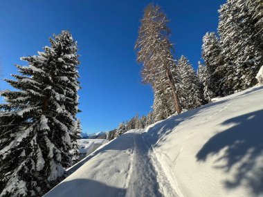 İsviçre Alpleri 'nin taze dağlık kar örtüsünde ve İsviçre' nin Grisonlar Kantonu (Kanton Graubuenden, Schweiz)