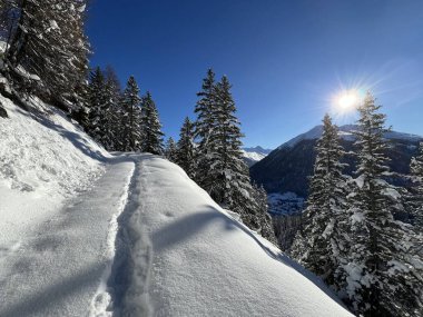 İsviçre Alpleri 'nin taze dağlık kar örtüsünde ve İsviçre' nin Grisonlar Kantonu (Kanton Graubuenden, Schweiz)