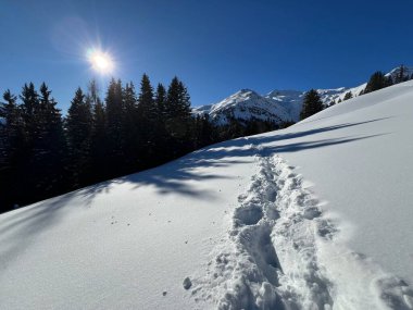 İsviçre Alpleri 'nin taze dağlık kar örtüsünde ve İsviçre' nin Grisonlar Kantonu (Kanton Graubuenden, Schweiz)
