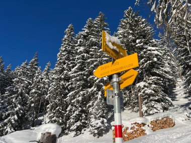 Alp turizm beldesi Davos 'un dağlık kesiminde dağcılık işaretleri ve işaretleri ve İsviçre Alpleri' nin - Kanton of Grisons, İsviçre (Kanton Graubuenden, Schweiz)