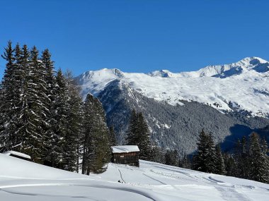 İsviçre 'nin Davos Kantonu, İsviçre (Kanton Graubuenden, Schweiz) üzerinde güneşli ve karlı tepeler.)