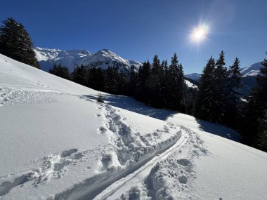 İsviçre Alpleri 'nin taze dağlık kar örtüsünde ve İsviçre' nin Grisonlar Kantonu (Kanton Graubuenden, Schweiz)