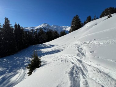 İsviçre Alpleri 'nin taze dağlık kar örtüsünde ve İsviçre' nin Grisonlar Kantonu (Kanton Graubuenden, Schweiz)