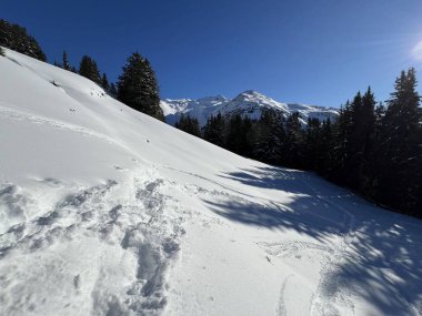 İsviçre Alpleri 'nin taze dağlık kar örtüsünde ve İsviçre' nin Grisonlar Kantonu (Kanton Graubuenden, Schweiz)