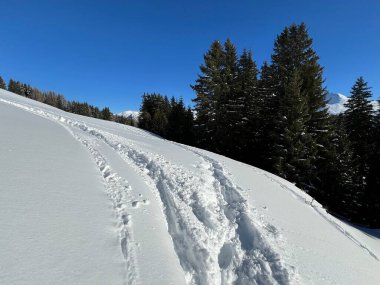 İsviçre Alpleri 'nin taze dağlık kar örtüsünde ve İsviçre' nin Grisonlar Kantonu (Kanton Graubuenden, Schweiz)