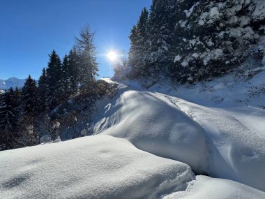 İsviçre Alpleri 'nin taze dağlık kar örtüsünde ve İsviçre' nin Grisonlar Kantonu (Kanton Graubuenden, Schweiz)