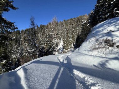 İsviçre Alpleri 'nin taze dağlık kar örtüsünde ve İsviçre' nin Grisonlar Kantonu (Kanton Graubuenden, Schweiz)