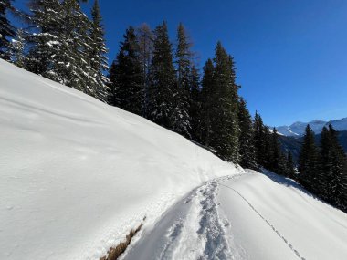 İsviçre Alpleri 'nin taze dağlık kar örtüsünde ve İsviçre' nin Grisonlar Kantonu (Kanton Graubuenden, Schweiz)