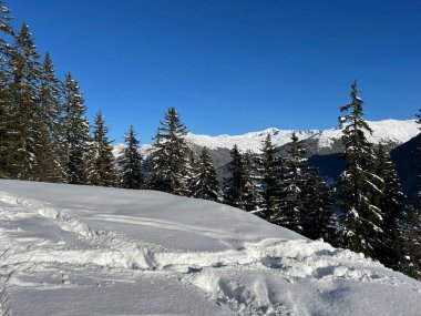 İsviçre Alpleri 'nin taze dağlık kar örtüsünde ve İsviçre' nin Grisonlar Kantonu (Kanton Graubuenden, Schweiz)