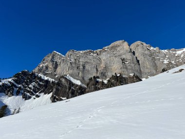 Walensee Gölü ve İsviçre 'nin Walenstadtberg kasabası (Die Steilen Felsgipfel der Churfirst stengruppe des Walensee, Schweiz) üzerindeki Churfirsten dağ sırasının dik kayalıkları.)