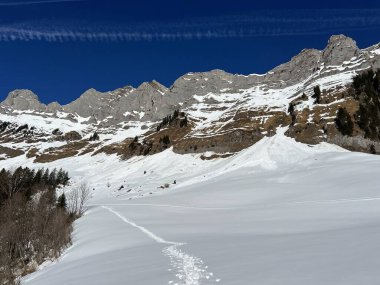Walen Gölü veya Walenstadt Gölü (Walensee) üzerinde ve İsviçre Alpleri 'nin taze dağlık kar örtüsünde Walenstadtberg - İsviçre' nin St. Gallen Kantonu (Schweiz)