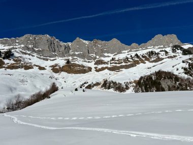 Walen Gölü veya Walenstadt Gölü (Walensee) üzerinde ve İsviçre Alpleri 'nin taze dağlık kar örtüsünde Walenstadtberg - İsviçre' nin St. Gallen Kantonu (Schweiz)