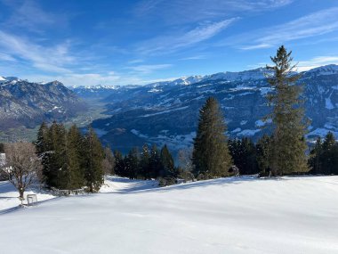Walensee Gölü ve Walenstadtberg arasındaki Seeztal Nehri boyunca uzanan geniş Subalpine Vadisi 'nde kış atmosferi - St. Gallen, İsviçre (Kanton St. Gallen, Schweiz)