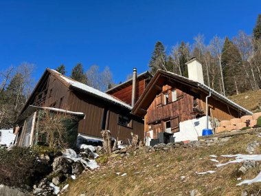 Eski İsviçre kırsal mimarisi ve alp çiftlik çiftlikleri Walen Gölü veya Walenstadt Gölü (Walensee) ve İsviçre Alpleri 'nde, Walenstadtberg - İsviçre (Kanton St. Gallen, Schweiz)