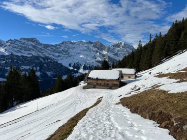 İsviçre 'nin Obwalden Kantonu (Kanton Obwald, Schweiz), İsviçre' nin başkenti İsviçre 'nin Engelberg kentinde bulunan turistik tatil beldesi üzerindeki eski geleneksel İsviçre kırsal mimarisi ve alp çiftlik hayvanları çiftlikleri.)