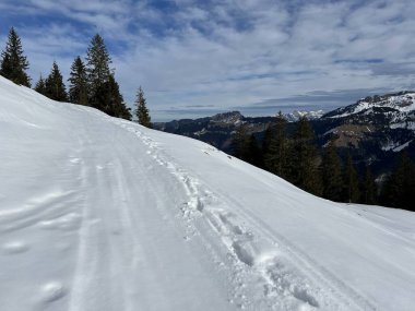 İsviçre Alpleri 'nin taze dağlık kar örtüsünde ve Engelberg - Obwalden Kantonu, İsviçre (Kanton Obwald, Schweiz)