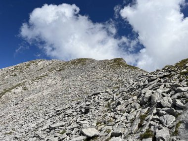 Alp zirvesi Barglen Schiben (2669 m) Tannensee Gölü 'nün (veya Tannen Gölü) üzerinde ve Uri Alpleri dağ kütlesi, Melchtal - Obwalden Kantonu, İsviçre (Kanton Obwald, Schweiz)