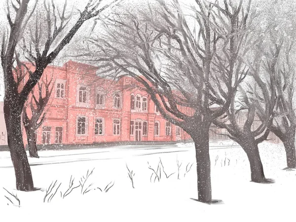 Winterlandschap Oude Stad Architectuur Park Met Hand Getekend Illustratie — Stockfoto
