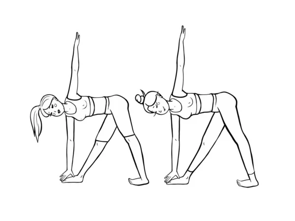 Girls Perform Assanas Yoga Exercises Black White Line Drawing — Stock Photo, Image
