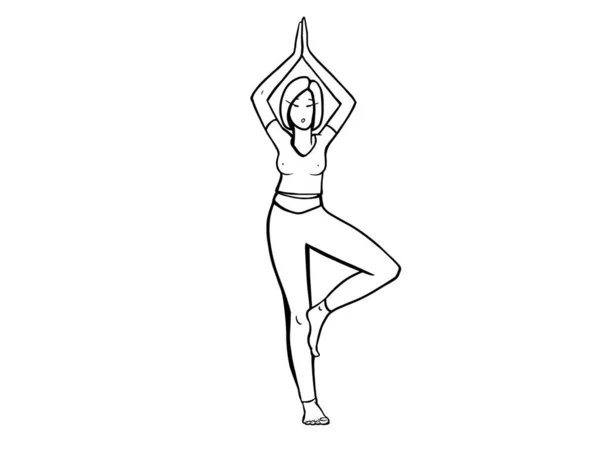 Chica Realiza Assanas Ejercicios Yoga Dibujo Lineal Blanco Negro —  Fotos de Stock