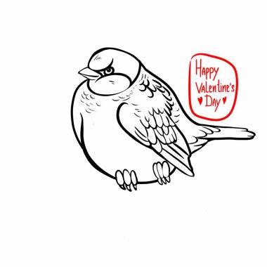 Sparrow bird brought congratulations on its tail, valentine's holiday card, hand drawn illustration