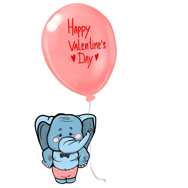 Cartoon elephant holding a balloon with congratulations, the plot for Valentine's Day, color digital illustration