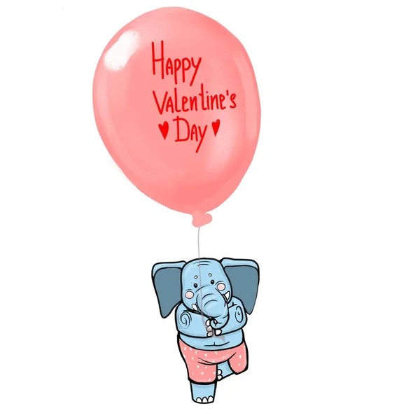 Cartoon elephant holding a balloon with congratulations, the plot for Valentine\'s Day, color digital illustration