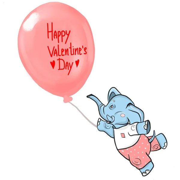Cartoon elephant holding a balloon with congratulations, the plot for Valentine\'s Day, color digital illustration