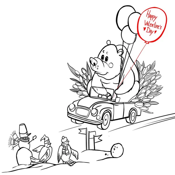 A bear rides in cars for a holiday with flowers and gifts, an idea for a card design for Valentine\'s Day, March 8, an illustration for coloring