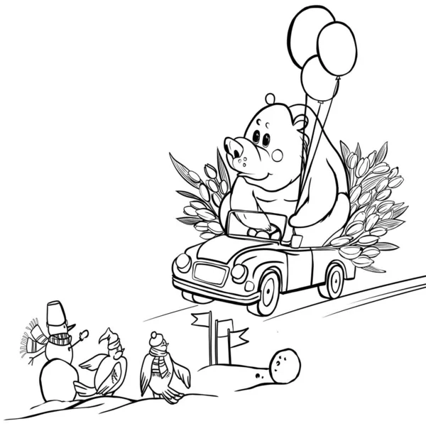 A bear rides in cars for a holiday with flowers and gifts, an idea for a card design for Valentine\'s Day, March 8, an illustration for coloring