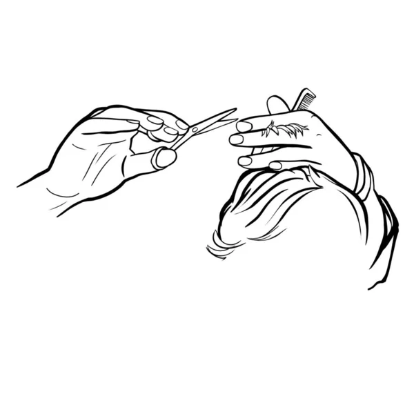 Hands of a hairdresser cutting hair to a client, hand gestures, linear black and white drawing, for advertising a beauty salon, illustration of a hairdressing business